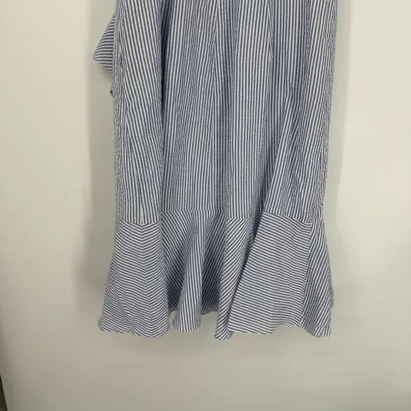 J Crew Seersucker Dress Coastal Nautical Preppy Blue White Faux Wrap Women Sz 4 - Picture 7 of 14
